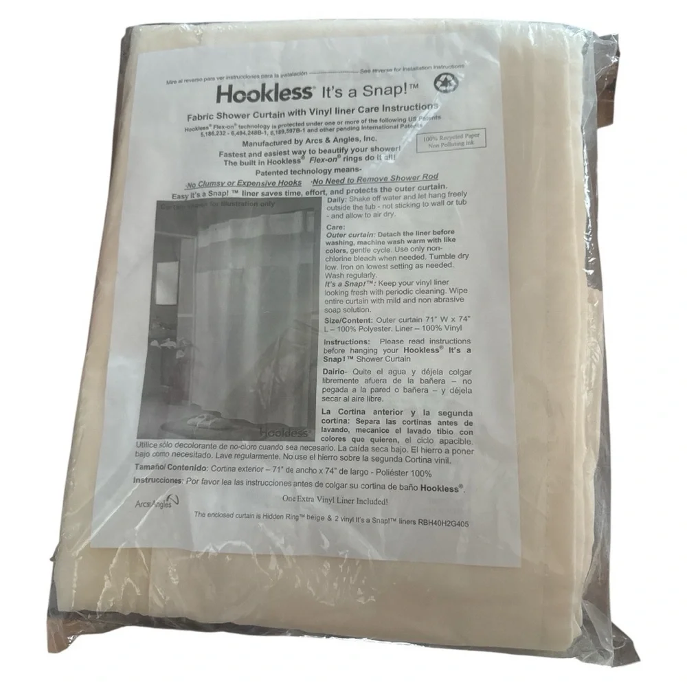 Hookless Its‎ A Snap Fabric Shower Curtain 2 Vinyl Liners Beige New