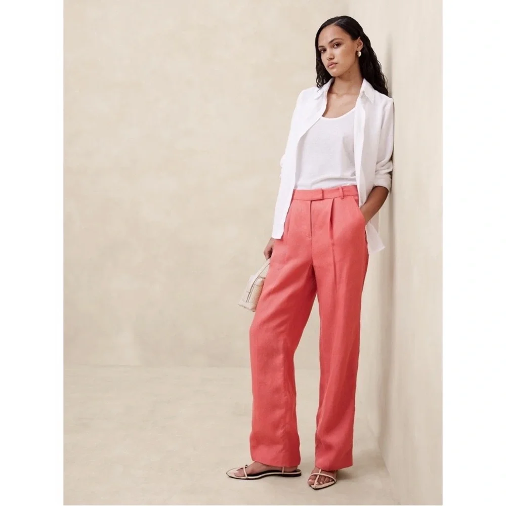 Banana Republic Lina High Rise Straight Leg Linen Trouser Pant in‎ Coral