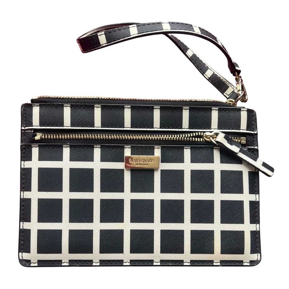 Kate Spade Womens‎ Grid Wristlet Clutch Wallet Black White Zip Pouch