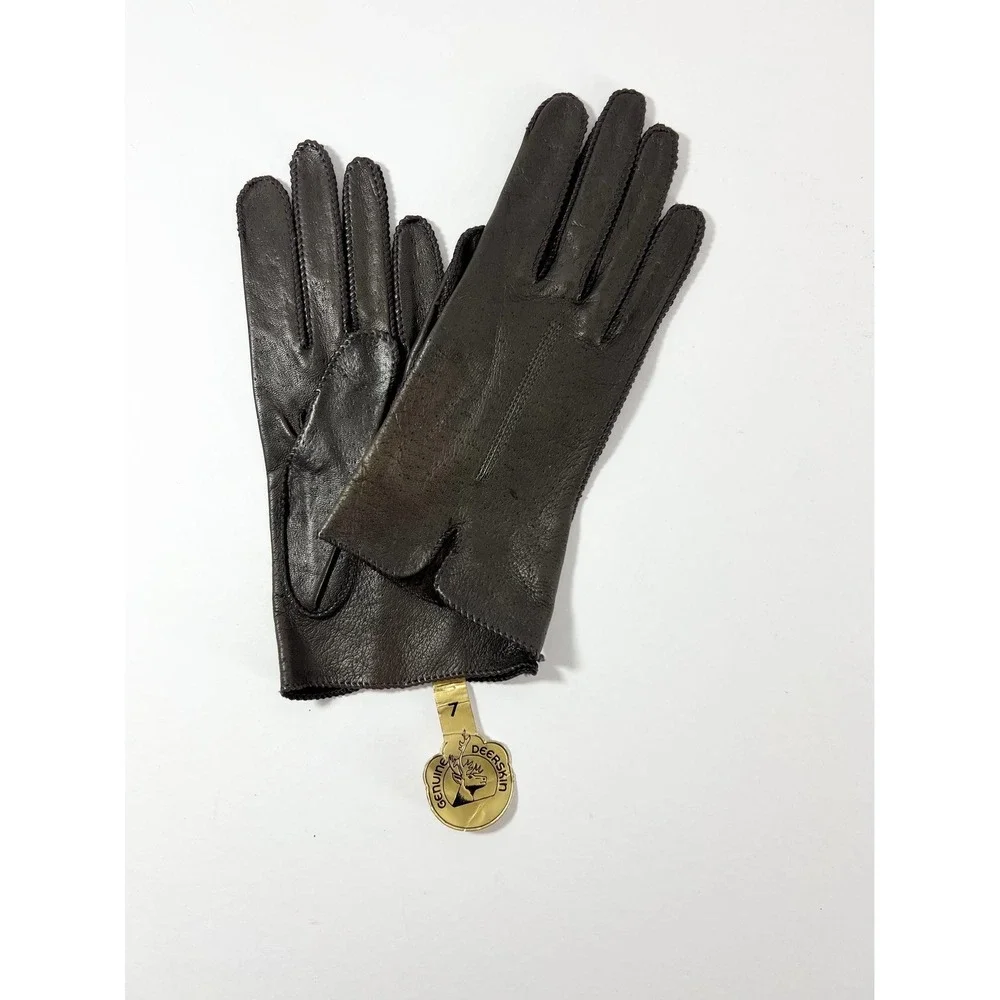 Deerskin leather gloves New with tags old stock vintage dark brown size 7 small