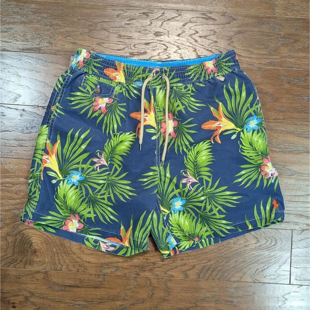 Polo Ralph Lauren Swimwear Trunks Shorts Mens Navy Blue Floral Tropical Size M‎