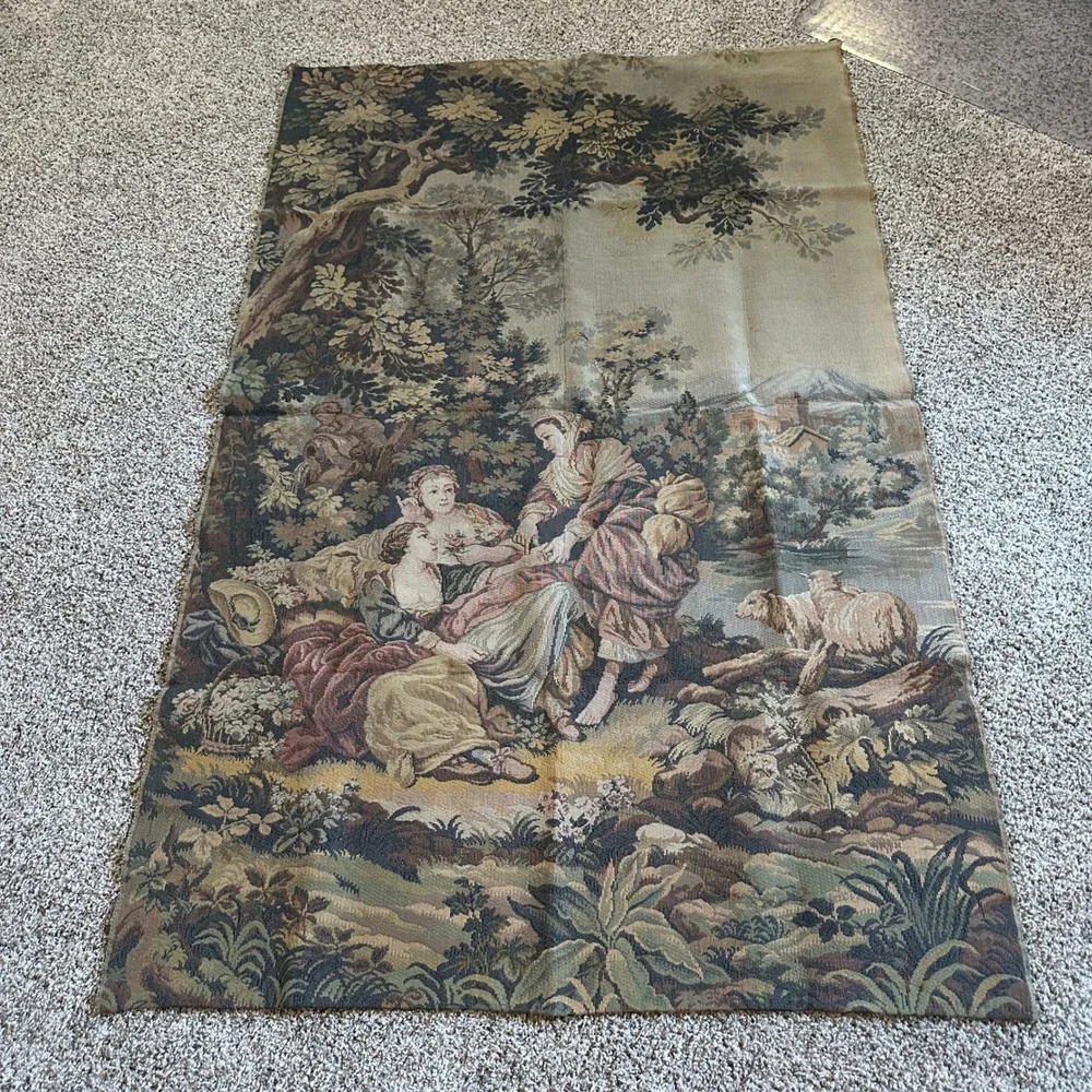 VTG Woven Wall French Tapestry Pastoral Scene Sheep Jacquard Wall‎ Art 4'X6.25'