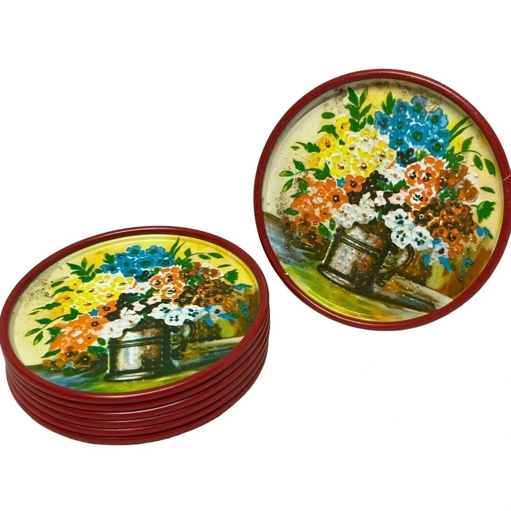 Vintage 50’s Coasters Red‎ Floral Aluminum Tin Can Painted
