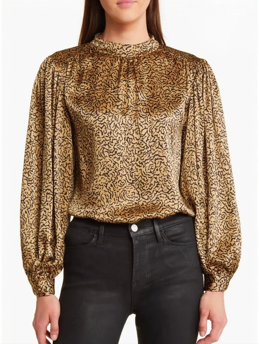 FRAME Women's Silk Blouse XS Mock Neck Balloon Sleeve Oversized Relaxed Boxy Fit