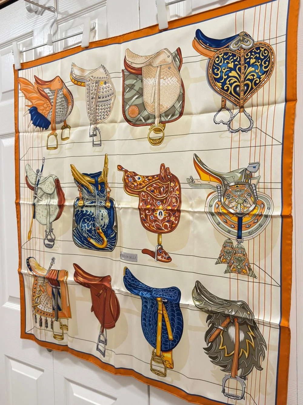Hermes 90cm Tous En Selle - Cream & Orange Scarf
