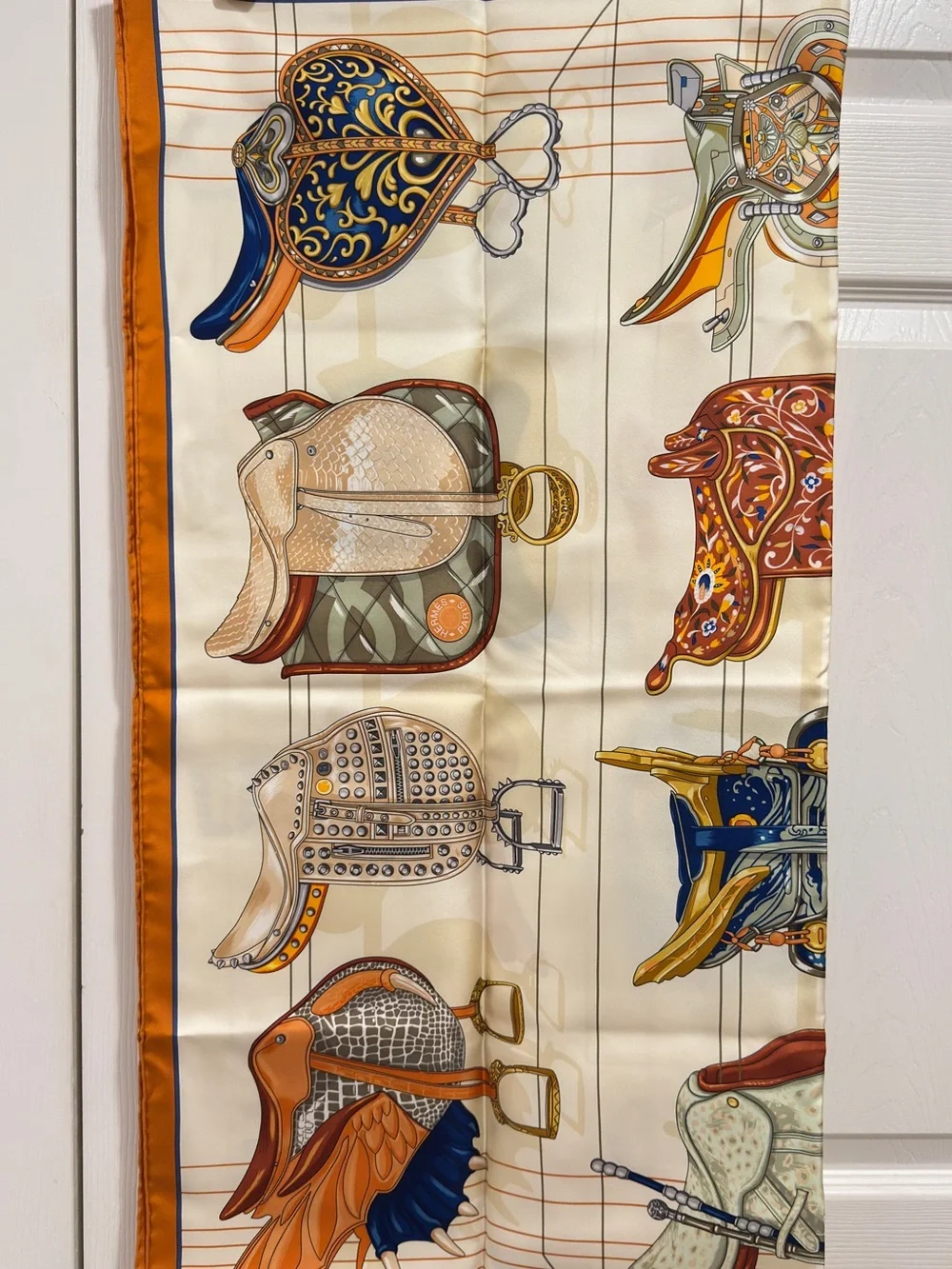 Hermes 90cm Tous En Selle - Cream & Orange Scarf