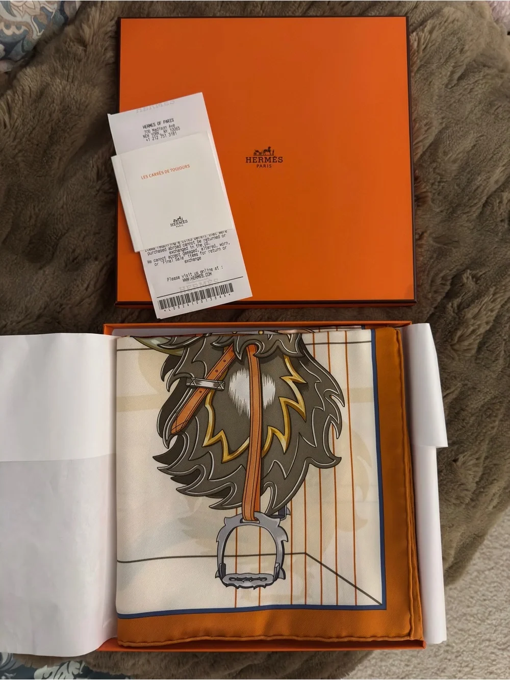 Hermes 90cm Tous En Selle - Cream & Orange Scarf