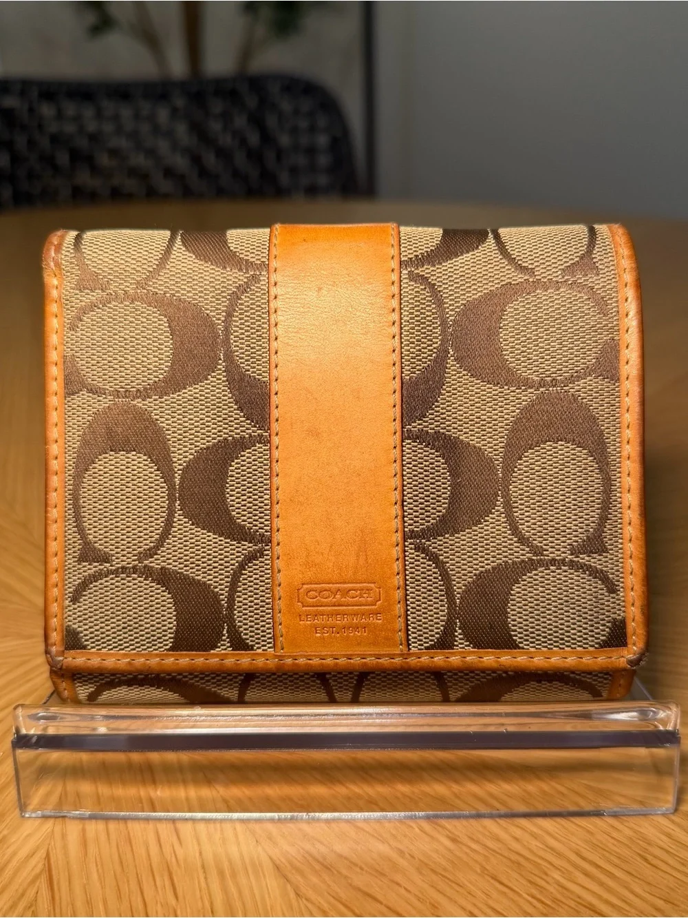 Coach Vachetta Leather Signature Canvas Trifold Wallet