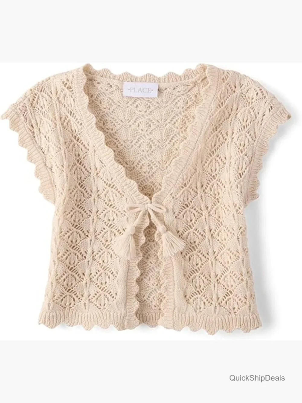 Girls Short Sleeve Sweater Shrug Crochet Pointelle V-Neck Button Front