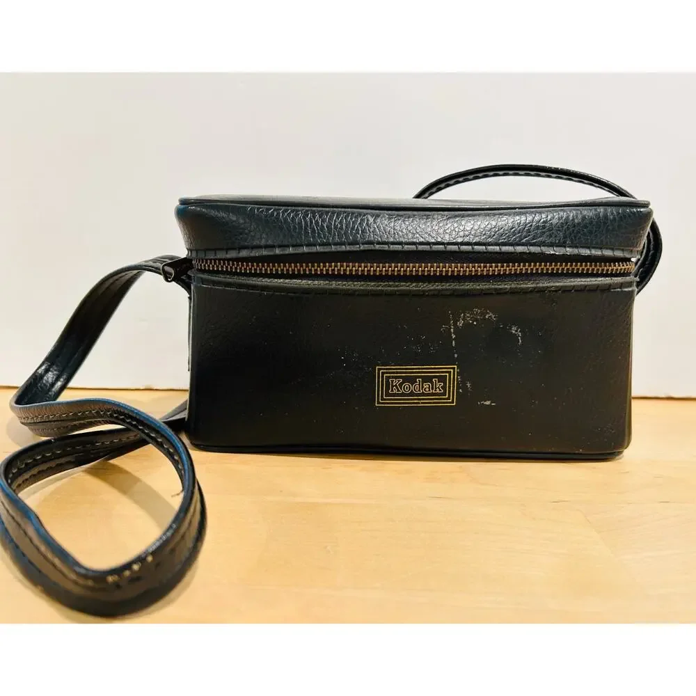Vintage Kodak Camera Bag Black Faux Leather Crossbody Case Small Retro
