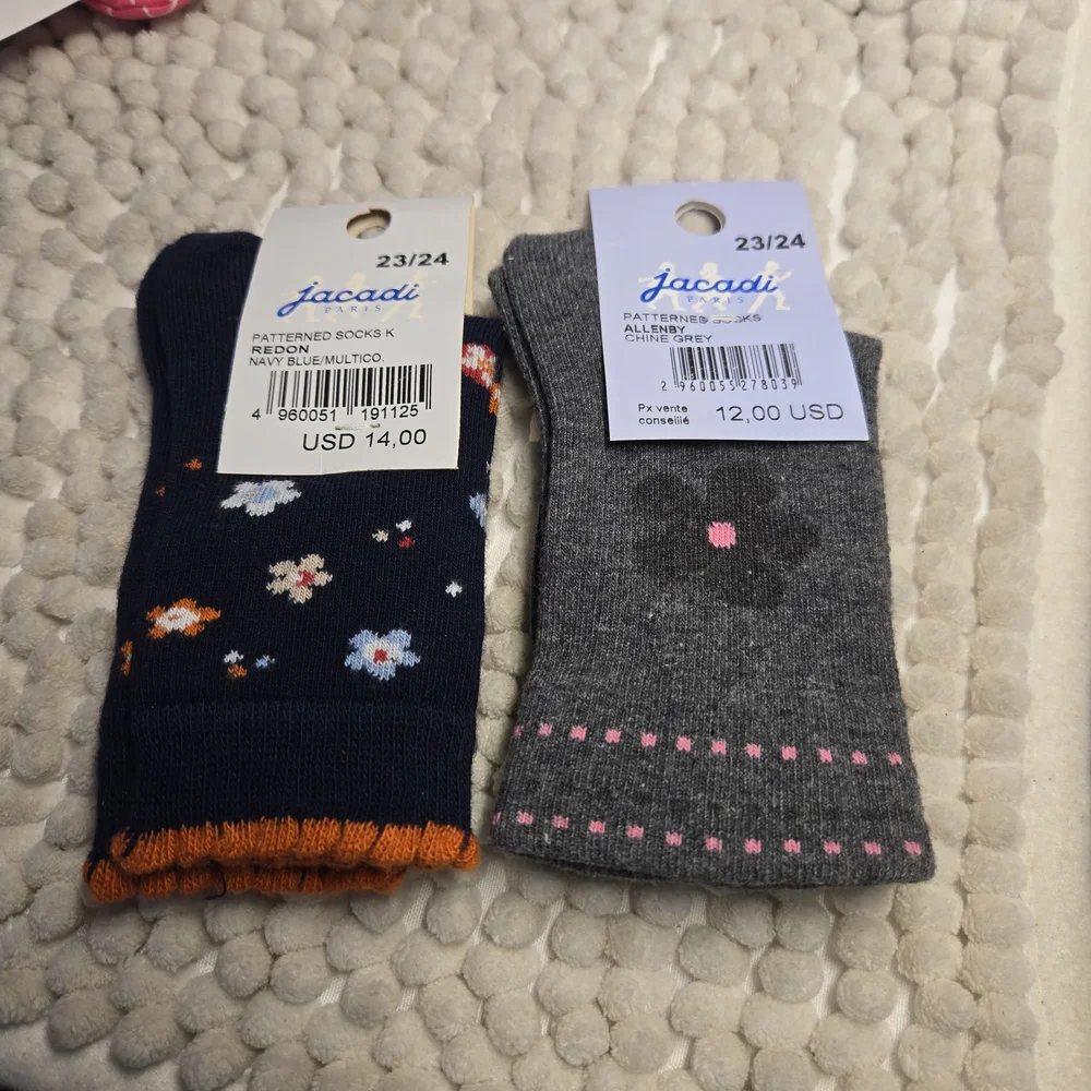 Jacadi Navy and Gray Socks with Floral Patterns