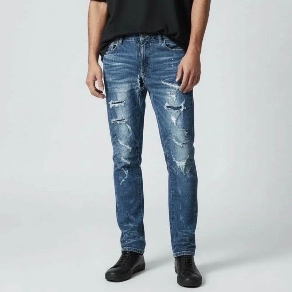 Smoke Rise Moto‎ Slim Distressed Ripped Destroyed Denim Jeans Mens 32-32 Grunge