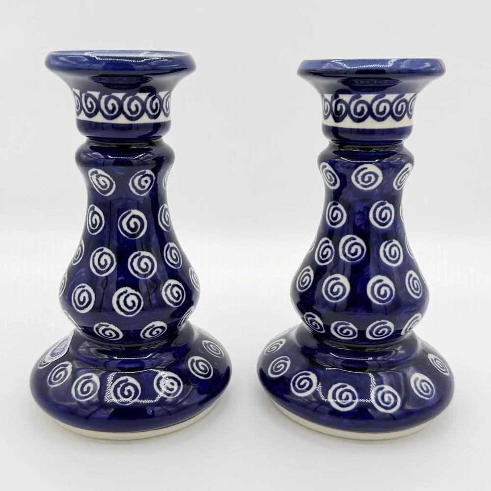 Vintage Pair Polish Pottery Boleslawiec Candlesticks Blue Swirl Handmade Poland
