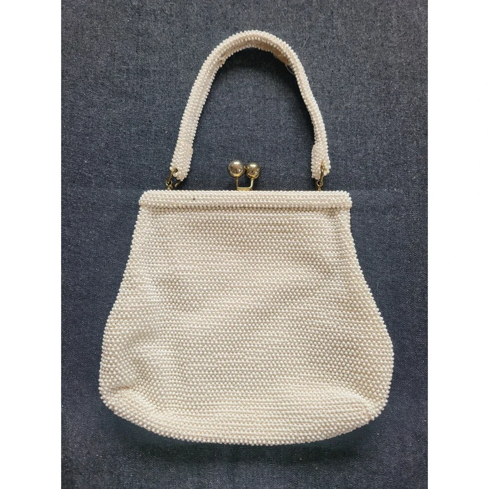 Vintage 50s 60s Corde Lumured Bead White Ivory Kisslock‎ Handbag Purse