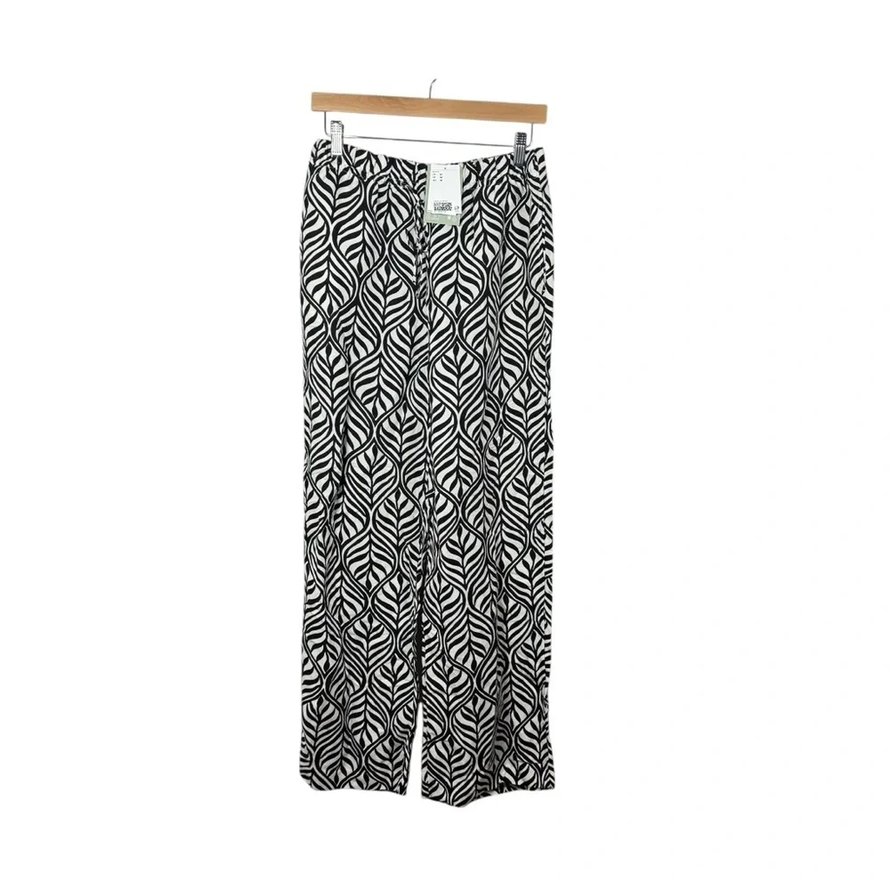 NWT H&M Women’s Wide Leg Linen-Blend Patterned Pants Black/White M