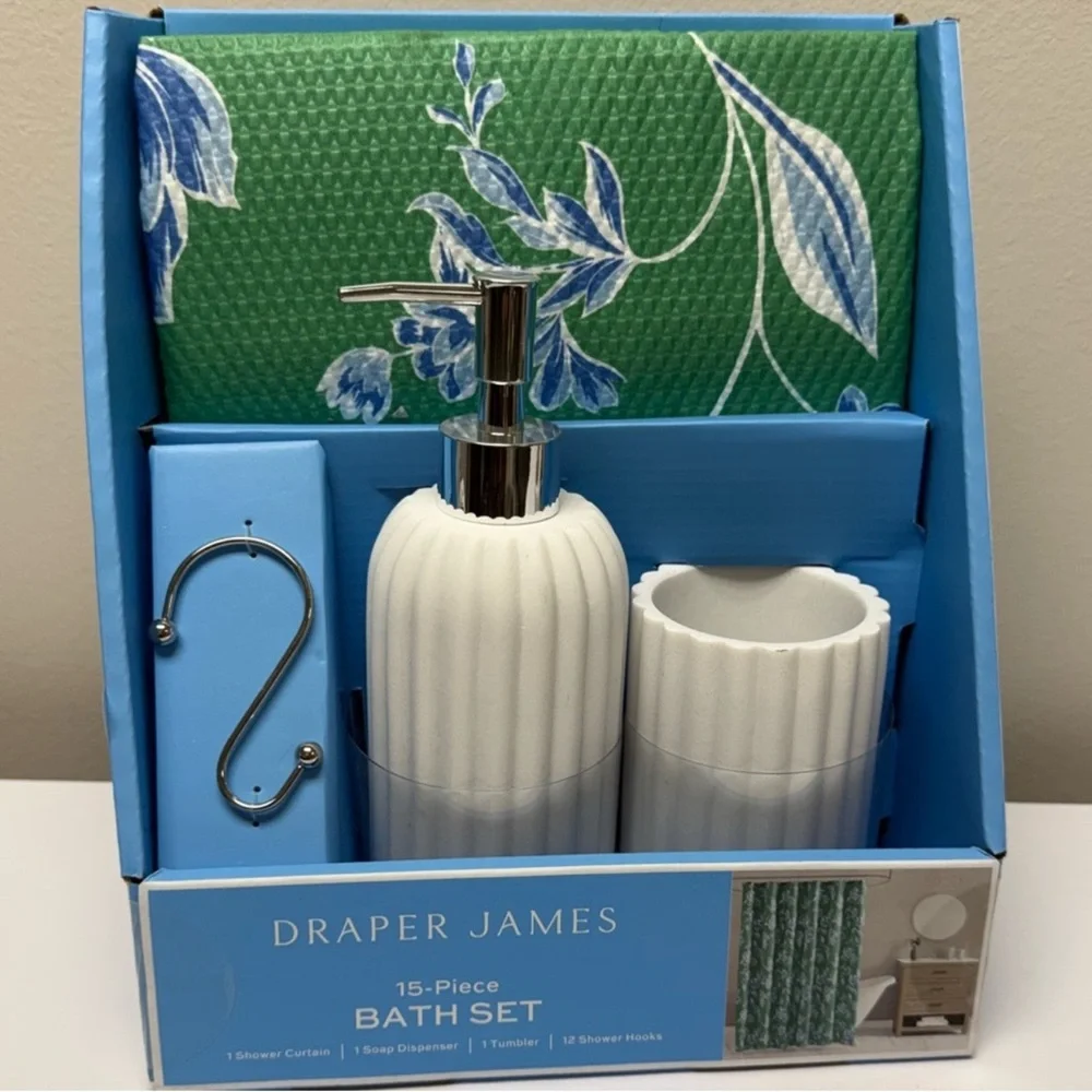 Draper James 15-Piece Bath Set, Green Shower Curtain, Soap Dispenser, Tumbler