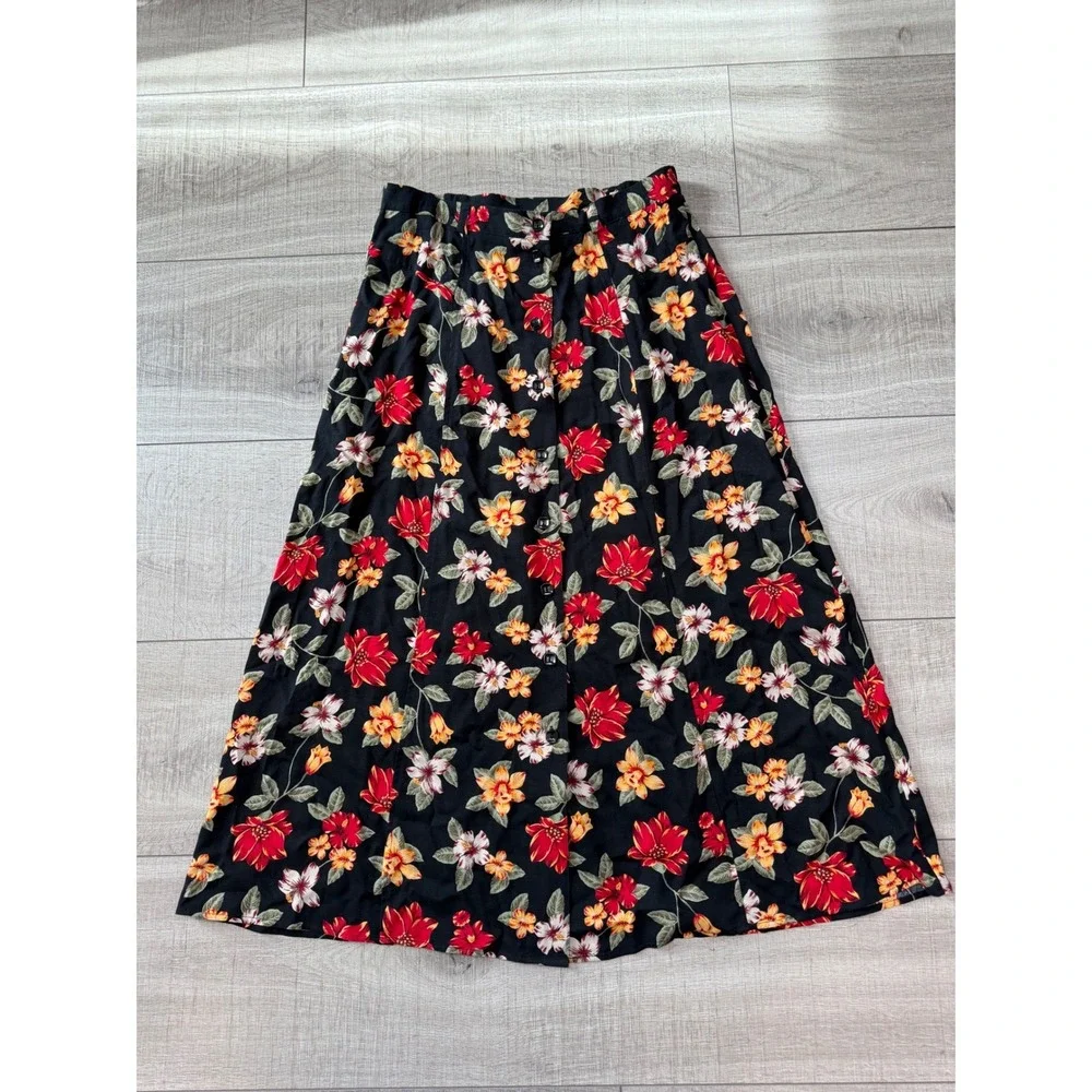 Sag Harbor Vintage Floral Button Front Midi Skirt Black Red‎ Rayon Womens Medium