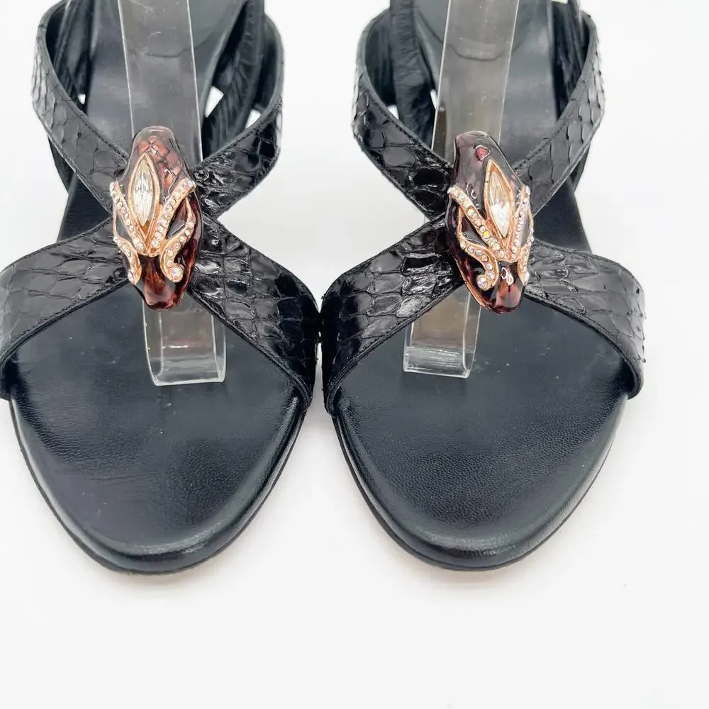 Gucci 2004 Tom Ford Black Python Snakeskin Serpent Head Bamboo Heel Sandals US 6