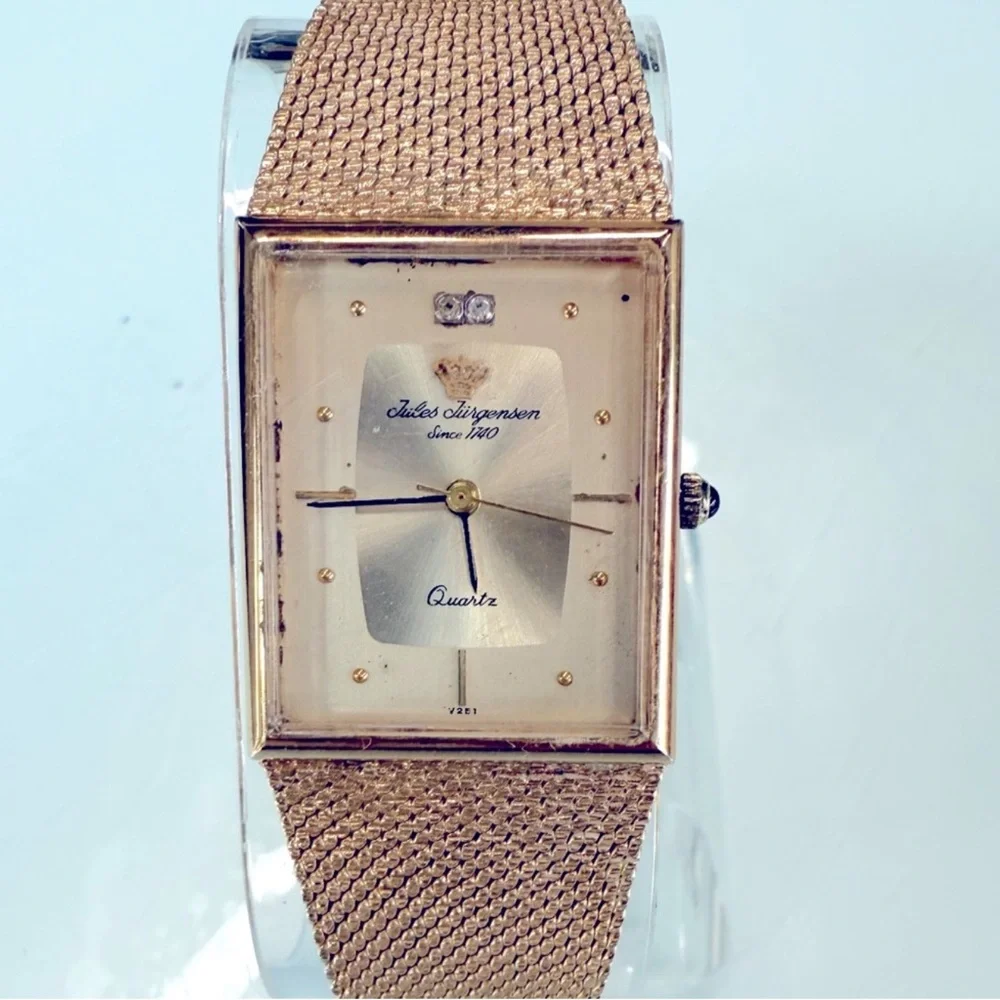 Vintage‎ Jules Jurgensen Tank Watch Gold Tone Mesh Band diamond accent