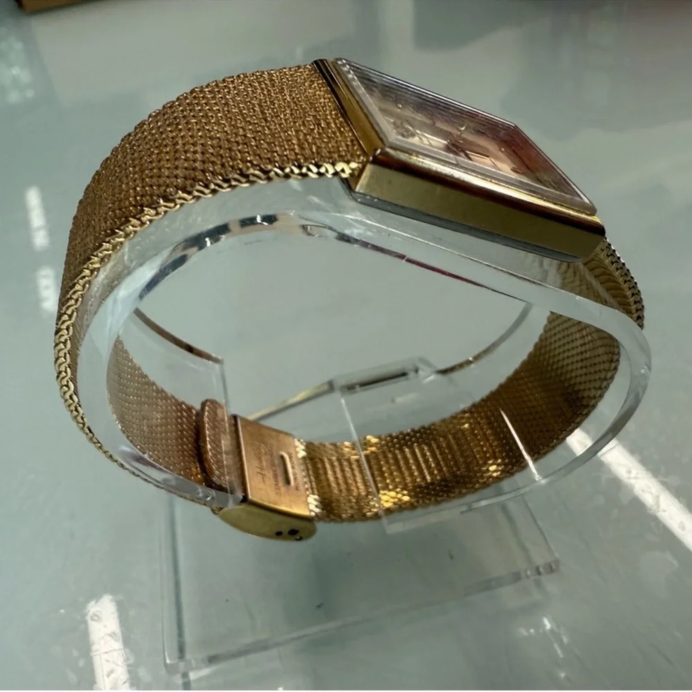 Vintage‎ Jules Jurgensen Tank Watch Gold Tone Mesh Band diamond accent