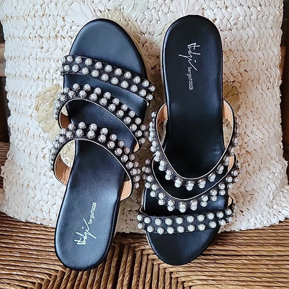 Sergio Todzi, jeweled pearl, espadrille, platform, wedge, size 40EU 9.5 US