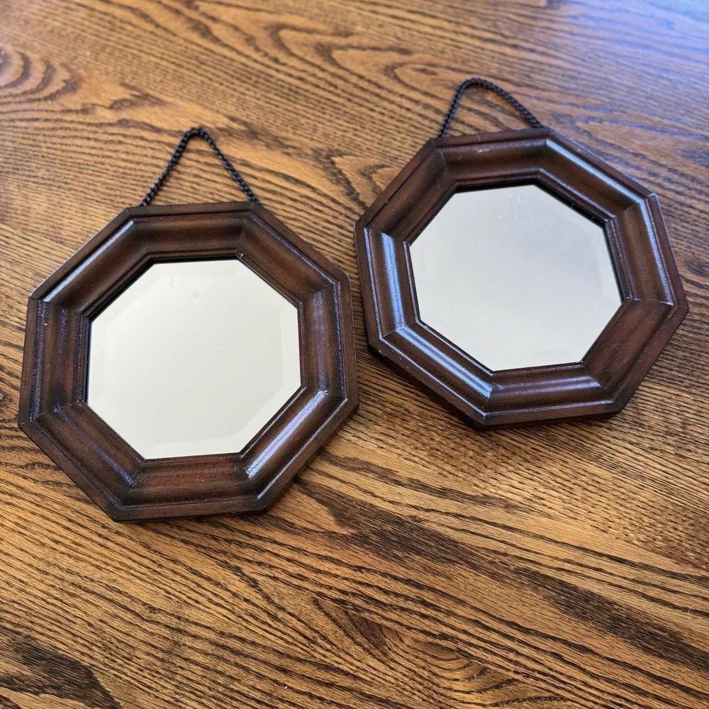 Vintage Wooden Framed Octagonal Wall Mirror Pair Set‎ Of 2 10