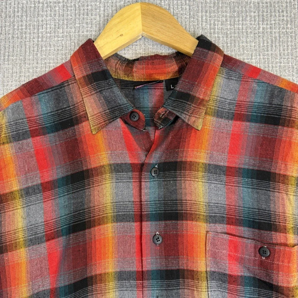 Hutspah Plaid Shirt Short Sleeve Button Up Made in‎ USA Colorful Mens L Gorp 90s