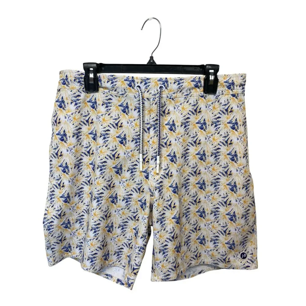 Johnnie-O Grenada Swim Trunk Shorts Men L Yellow Blue Hawaiian Preppy Vacation