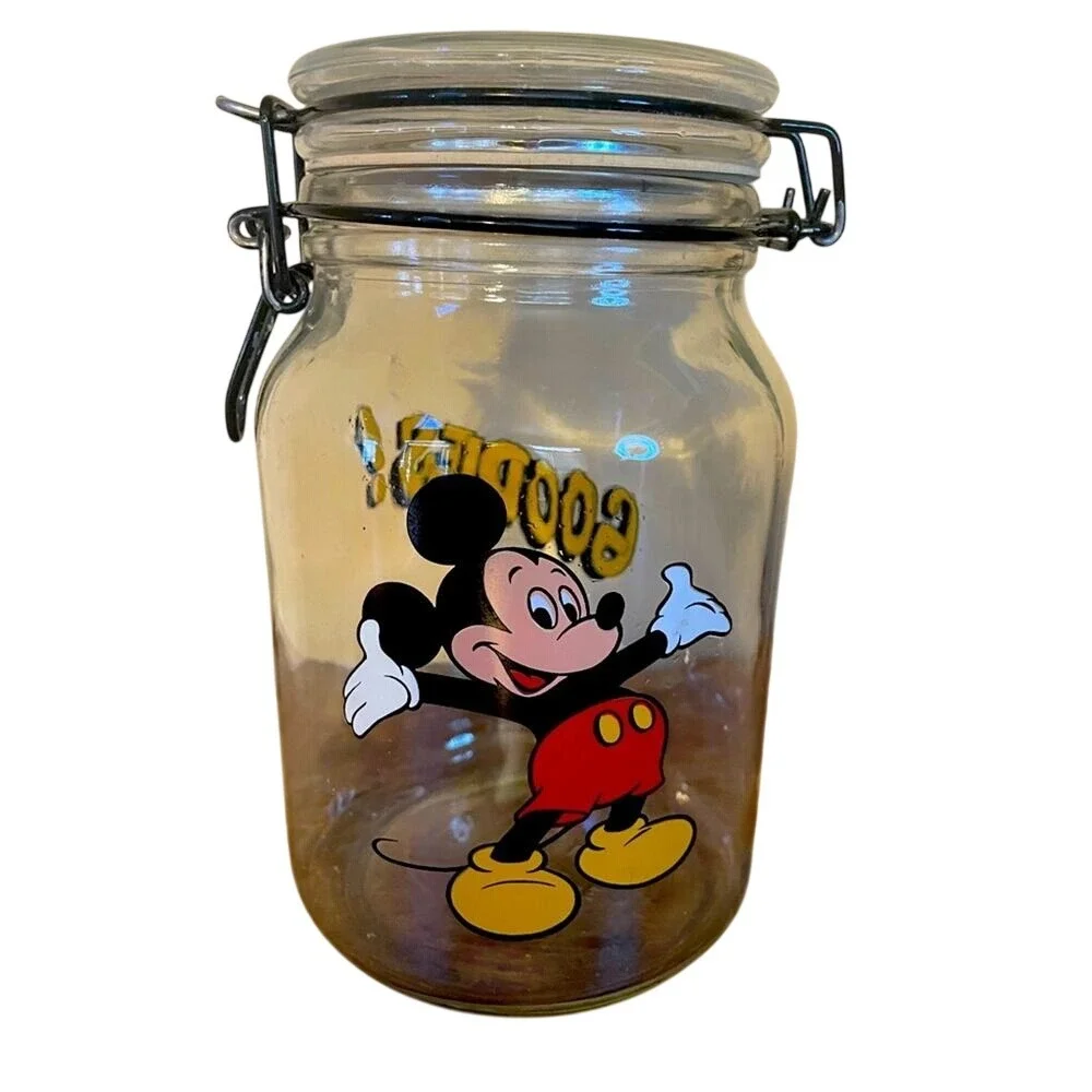 Vintage Disney Mickey Mouse Goodies Glass Jar Airtight Bail‎ Lid Canister 8