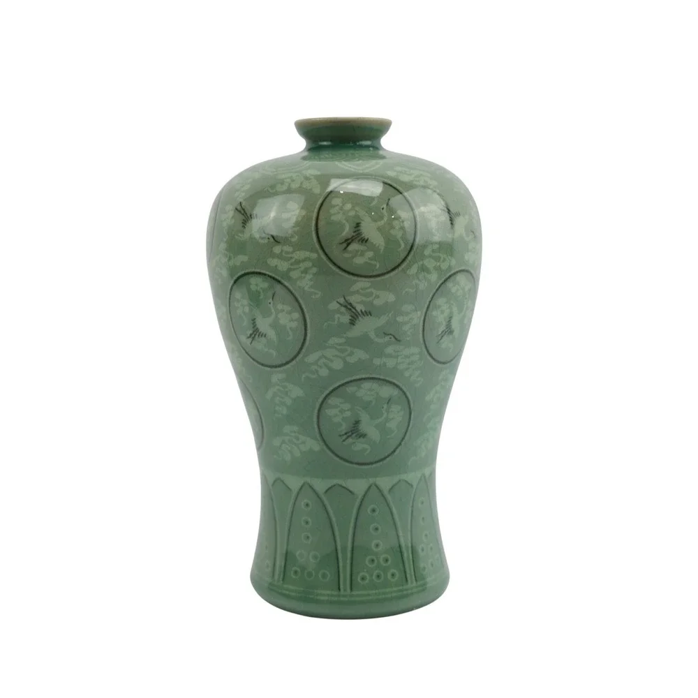 Vintage Celadon Crane Vase Korean Style Porcelain Ceramic Decorative 9.5