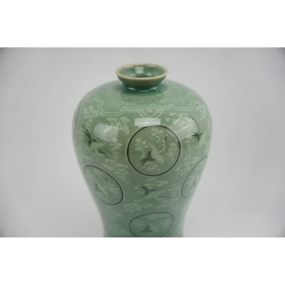 Vintage Celadon Crane Vase Korean Style Porcelain Ceramic Decorative 9.5
