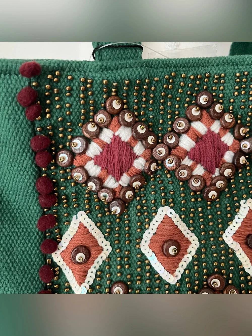 NWT America & Beyond Canvas Tote Bag Beaded Embroidered Green Boho Summer