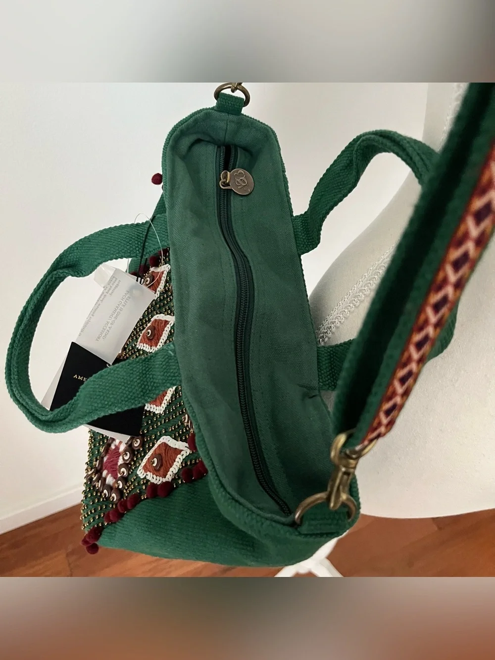 NWT America & Beyond Canvas Tote Bag Beaded Embroidered Green Boho Summer