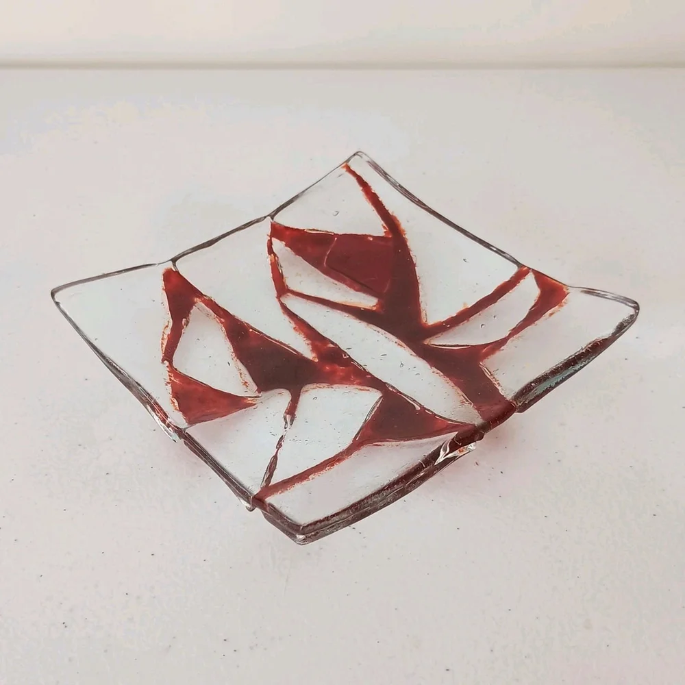 Vintage Red Clear Fuses Glass Trinket Dish Square Geometric 5x5