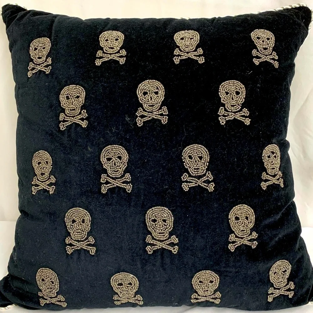 NEW Black Beaded Skull and Crossbones Decorative Halloween Rhinestone Pillow