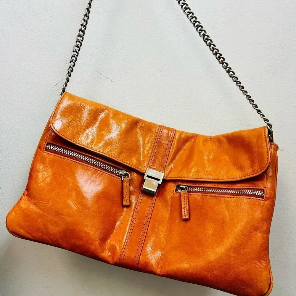 IRIS TYLER Elegant Tan Leather Shoulder Bag; measurements: 12x7 & 24 “ chain