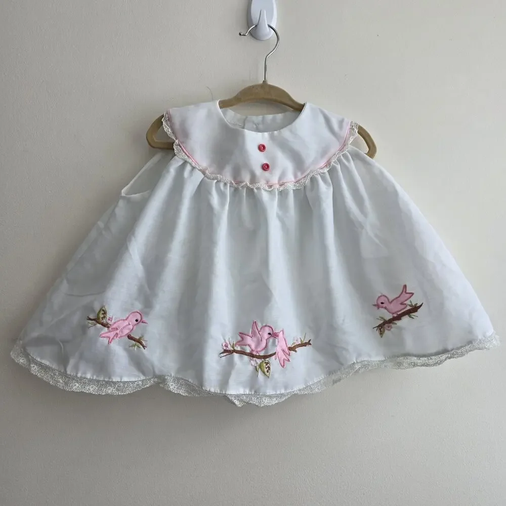 Vtg‎ 60s Style 3 To 6 Month Old Dress Birds Embroidery Baptism Easter White Lace