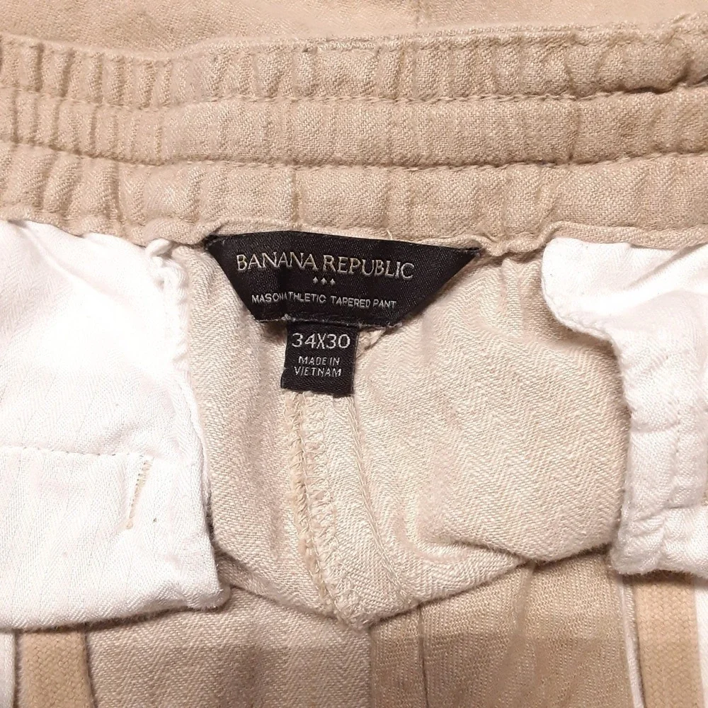Banana Republic Mens Mason Athletic Tapered Pants 34x30 Beige Cotton Linen