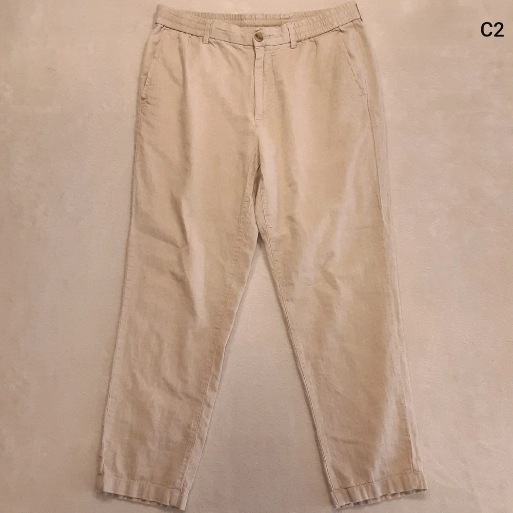 Banana Republic Mens Mason Athletic Tapered Pants 34x30 Beige Cotton Linen