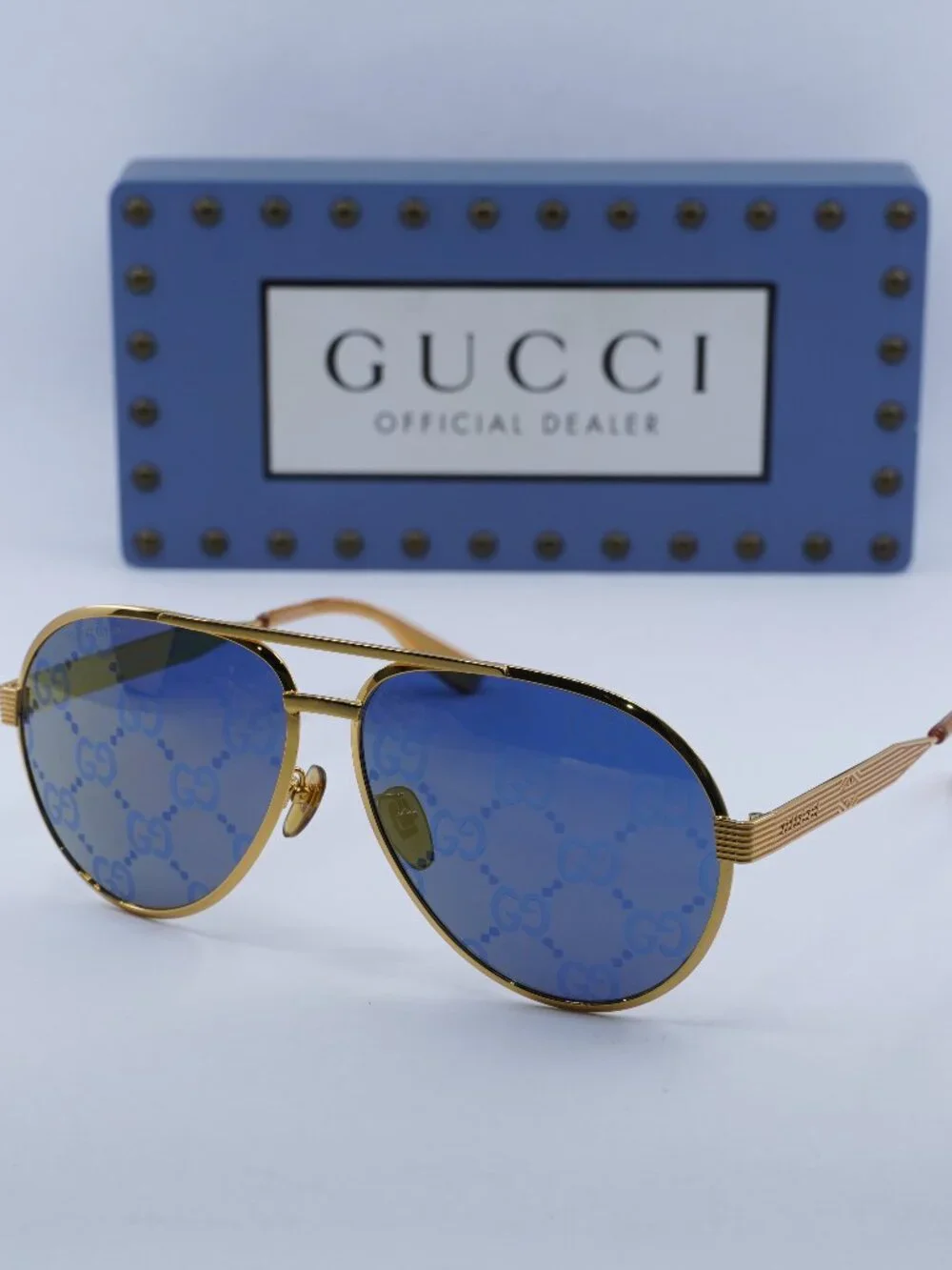 Gucci GG1513S 005 Aviator Sunglasses - Gold\Blue with Gold Logo Mirror