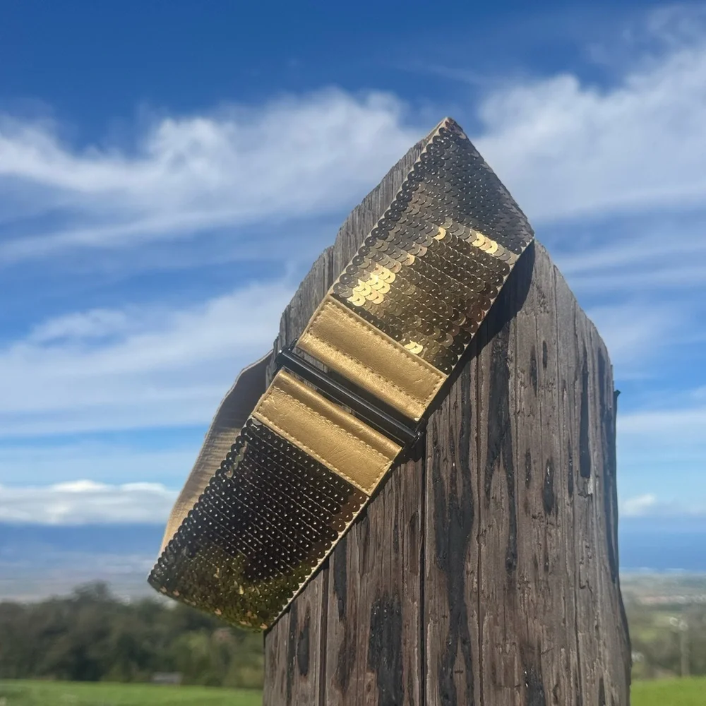 Gold Sequin Disco Elastic Stretch Wide Belt OS