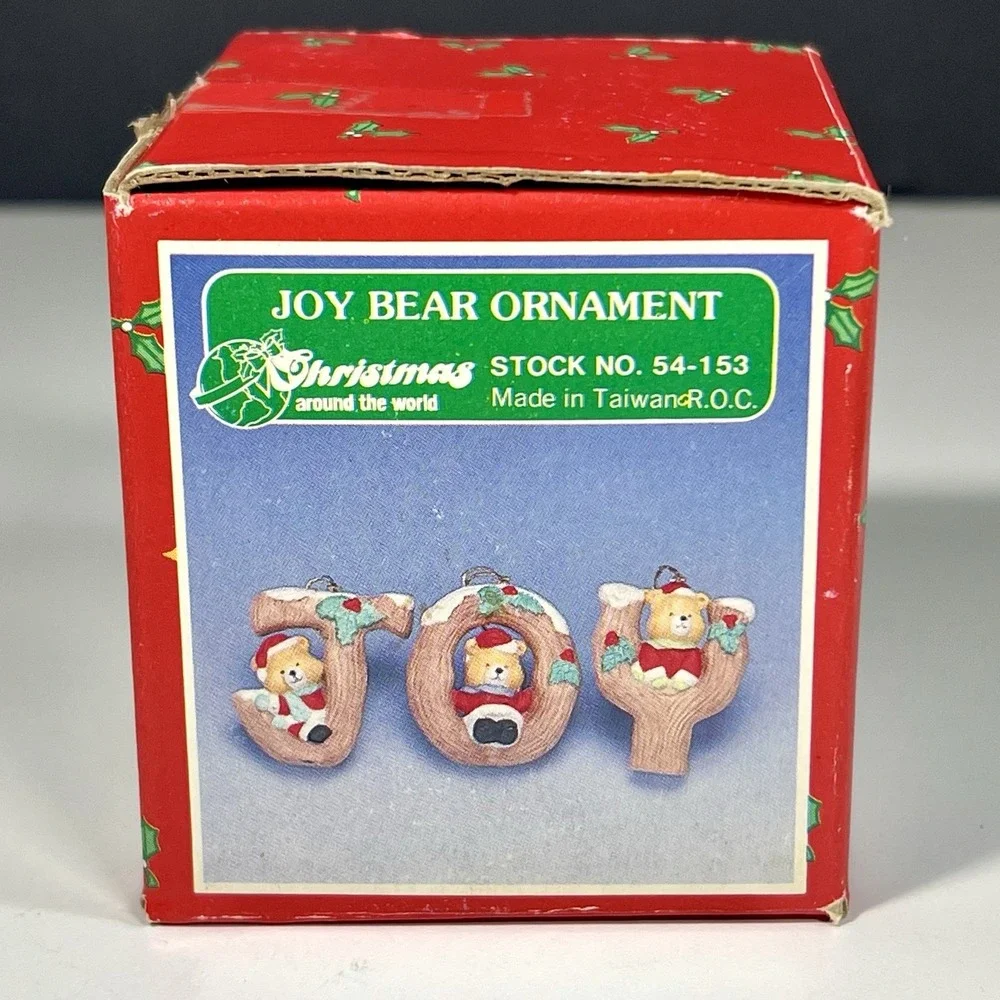 VTG Christmas Around The World JOY Teddy‎ Bears Letter Ornaments Set of 3 w/Box