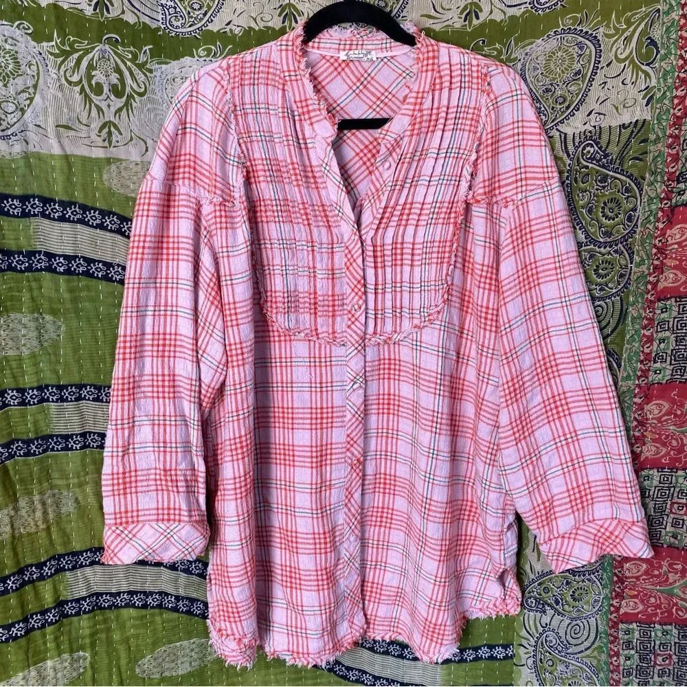 Intimately by Free People Plaid About You Pink Sleep Shirt Size Small