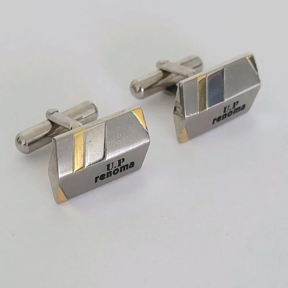 U.P. Renoma Paris Gold Silver Tone Rectangle Logo‎ Cufflinks Designer Geometric