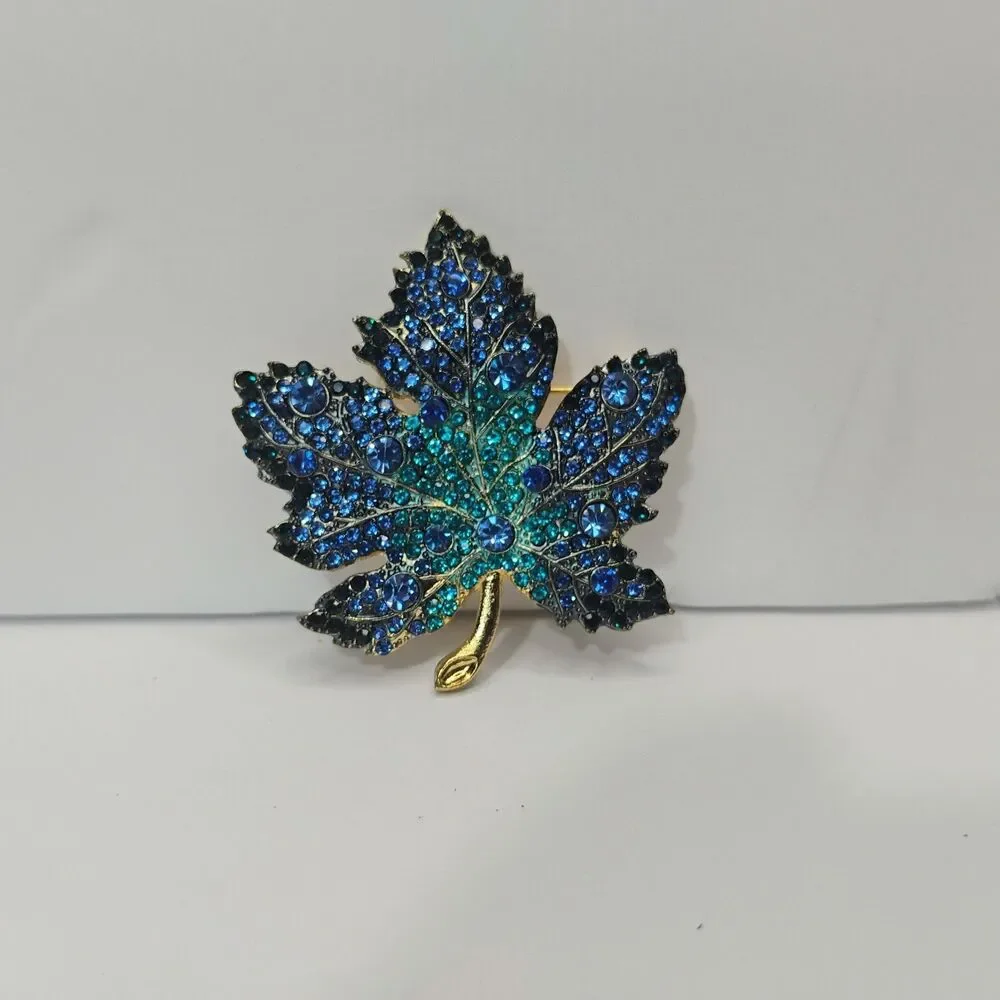 Maple Leaf Brooch Blue Shades Rhinestones Fashion Pin Jewelry Autumn Statement