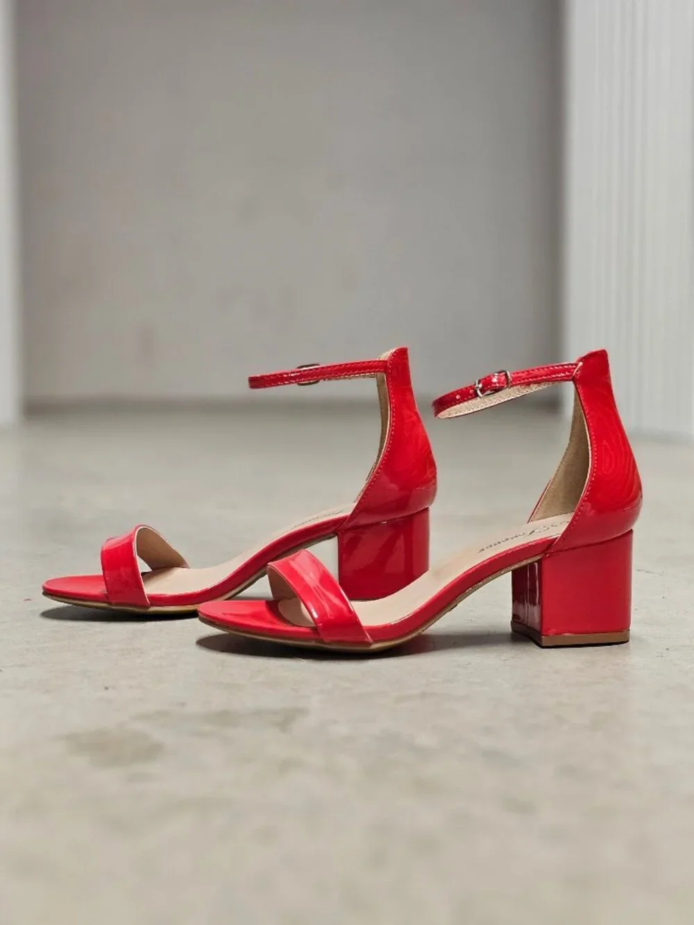 Red Patent Block Heel Sandals With Ankle Strap - Womens Dress Shoes