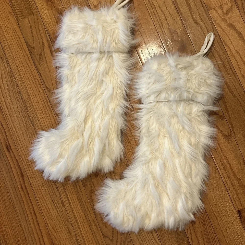 Pair‎ - 2 Nicole Miller Home Christmas Stocking White Faux Fur Designer Luxury