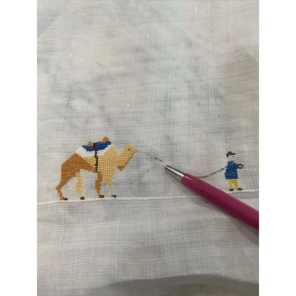 Vintage Hand Embroidered Cross Stitch Tablecloth Arabian camels Taj Mahal Read‎
