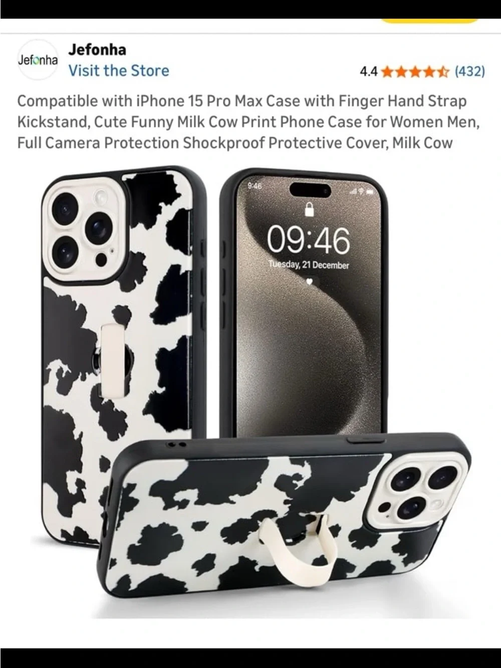 Black & White Cow Print Shockproof Phone Case for iPhone 15 Pro Max