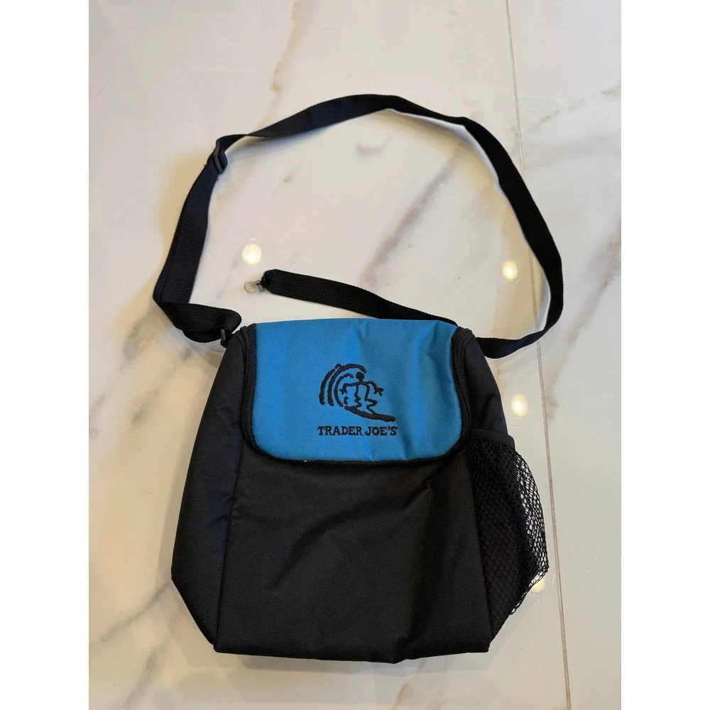 Vintage Trader Joe's Insulated Lunch Bag Crossbody Cooler Blue Surfing Logo